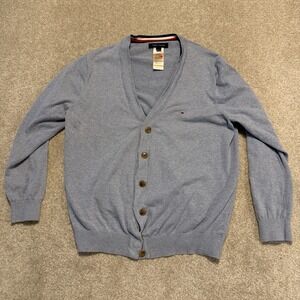Tommy Hilfiger Mens Cardigan Size L Solid Blue Long Sleeve Button Cotton Casual